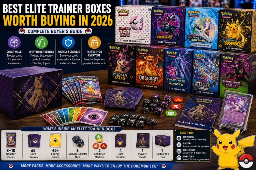 A display of popular Pokémon Elite Trainer Boxes arranged with booster packs, card sleeves, dice, and collectible Pokémon cards.