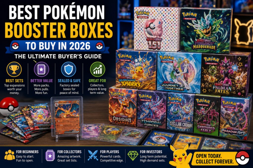A selection of popular Pokémon booster boxes displayed on a collector's desk with booster packs and rare Pokémon cards.