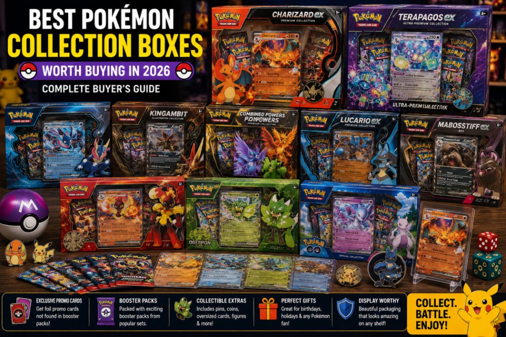 A display of premium Pokémon Collection Boxes featuring exclusive promo cards, booster packs, oversized cards, and collectible accessories.