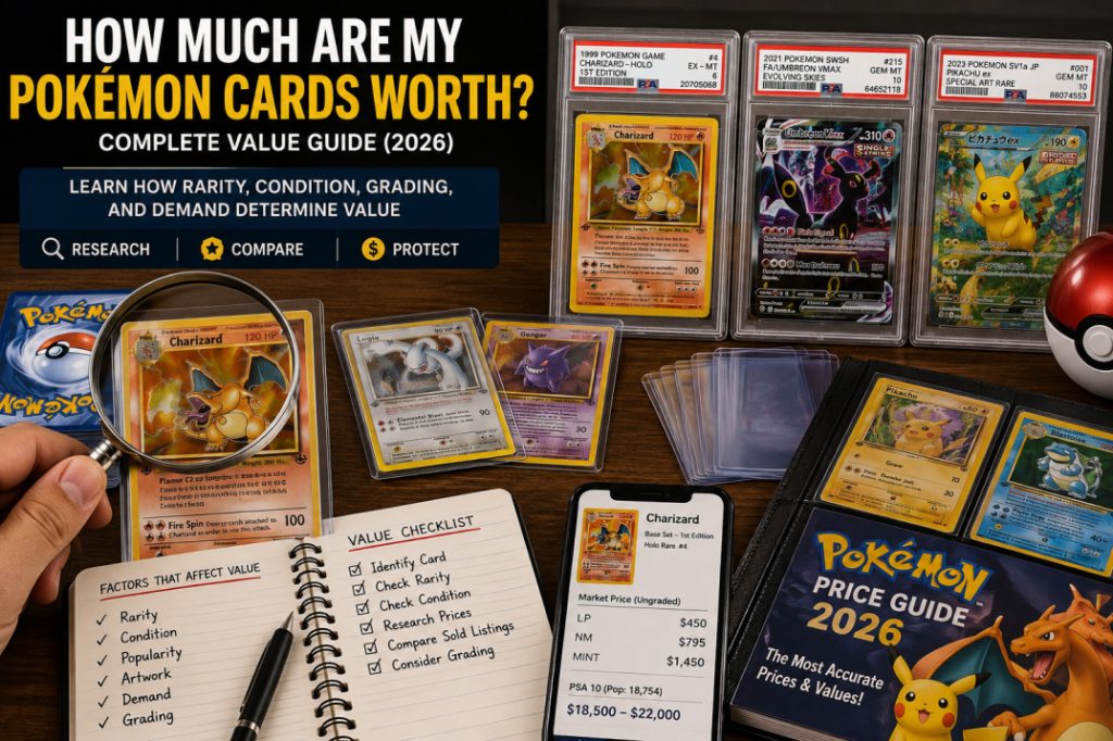 A collector examining valuable Pokémon cards with a magnifying glass, protective sleeves, graded cards, and a price guide on a desk.