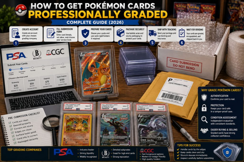 A Pokémon card prepared for professional grading with protective sleeves, semi-rigid holders, shipping materials, and graded card slabs displayed on a collector's desk.