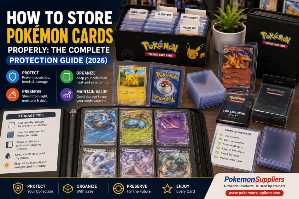 Pokémon cards stored safely in protective sleeves, top loaders, binders, and magnetic holders on an organized collector's desk.