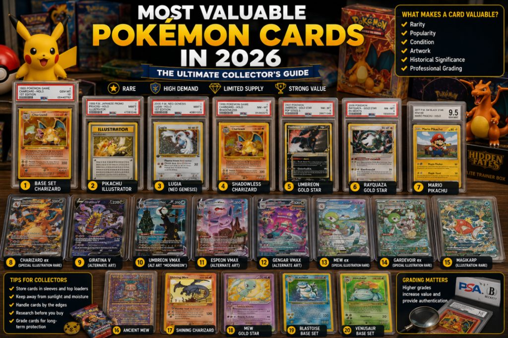 A display of rare vintage and modern Pokémon cards, including iconic collector favorites, arranged in protective holders on a collector's desk.