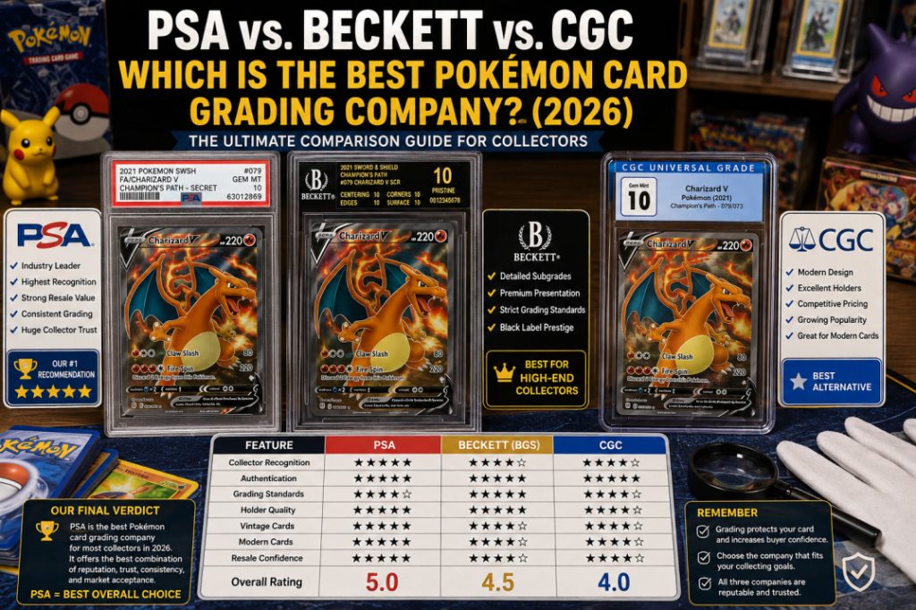 A side-by-side comparison of PSA, Beckett, and CGC graded Pokémon cards displayed in protective slabs with grading labels and collector accessories.