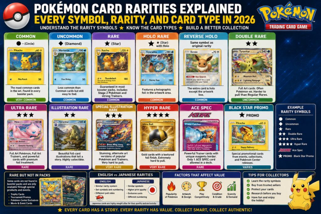 Chart showing Pokémon card rarity symbols, rarity levels, and modern Pokémon TCG card types from Common to Hyper Rare.