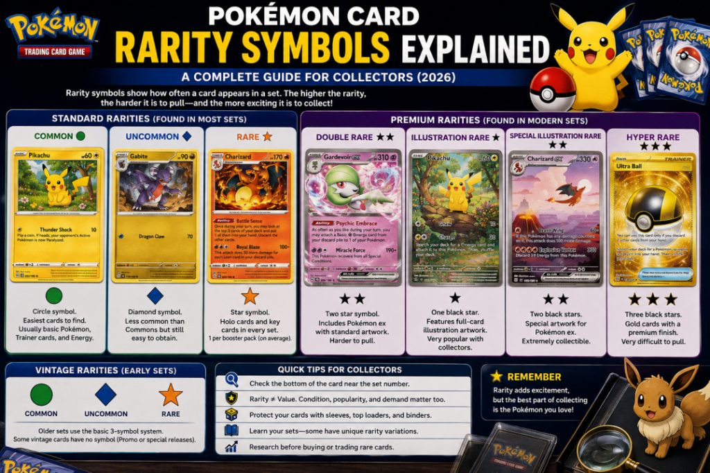A visual guide showing Pokémon card rarity symbols, including Common, Uncommon, Rare, Double Rare, Illustration Rare, Special Illustration Rare, and Hyper Rare cards.