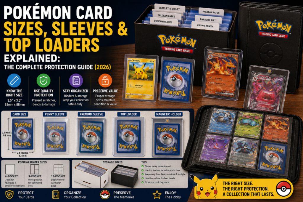 Standard-size Pokémon cards displayed with penny sleeves, premium sleeves, top loaders, magnetic holders, and collector binders.