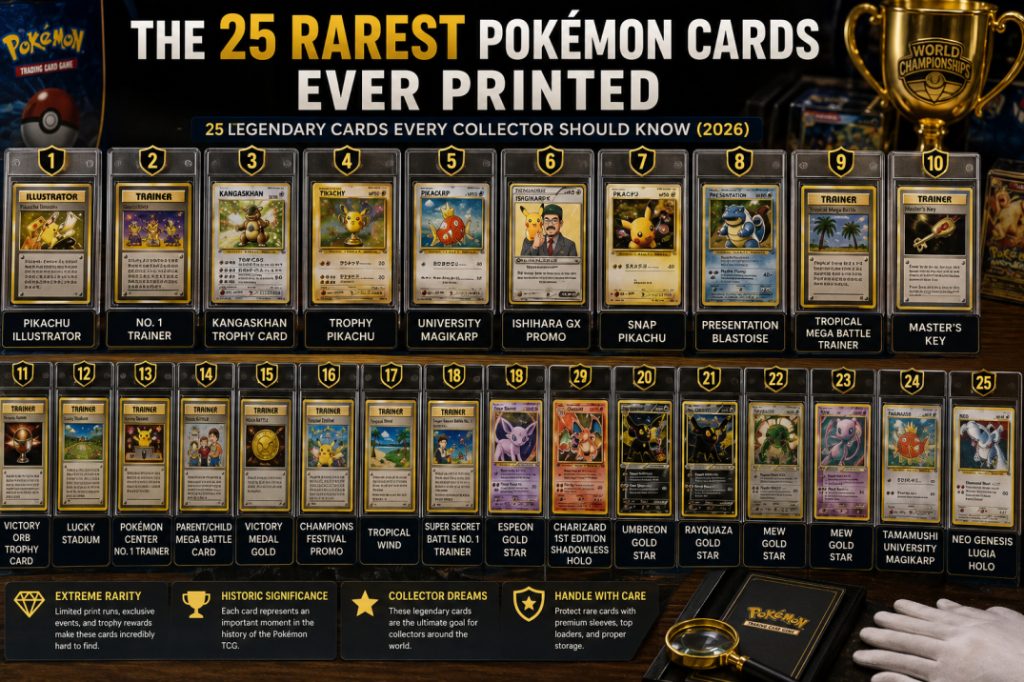 A display of legendary rare Pokémon cards, including trophy cards, promotional cards, vintage holographics, and professionally graded collectibles.