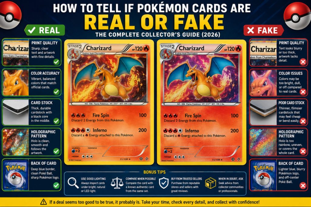 Side-by-side comparison showing authentic and fake Pokémon cards with differences in print quality, holographic finish, and cardstock.