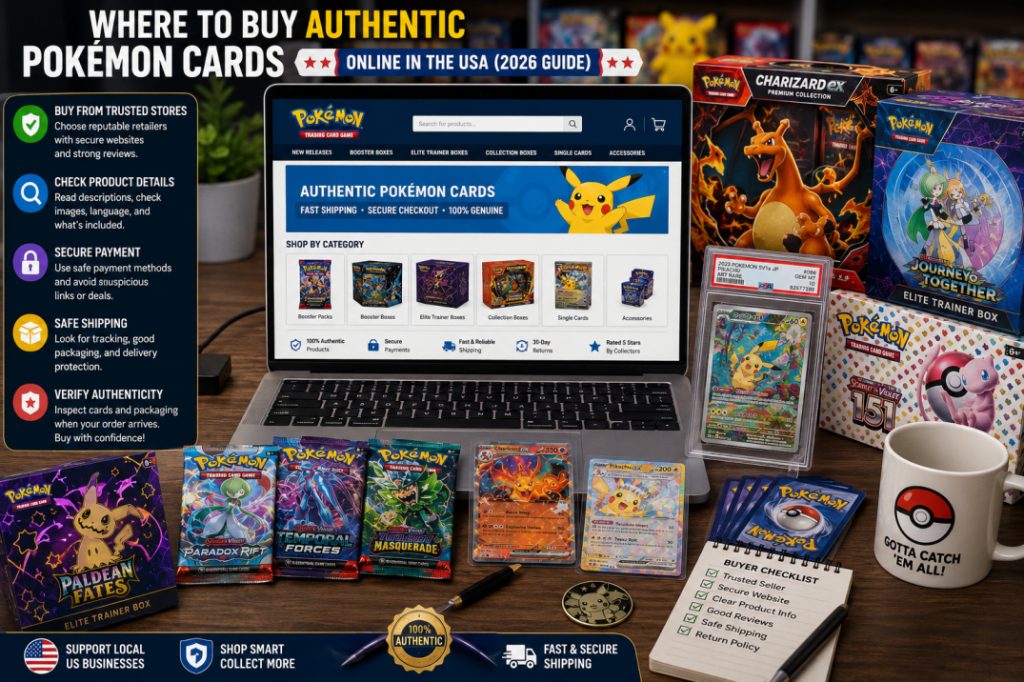 A collector shopping for authentic Pokémon cards online using a laptop, with sealed Pokémon products, booster packs, and genuine Pokémon cards displayed on a desk.